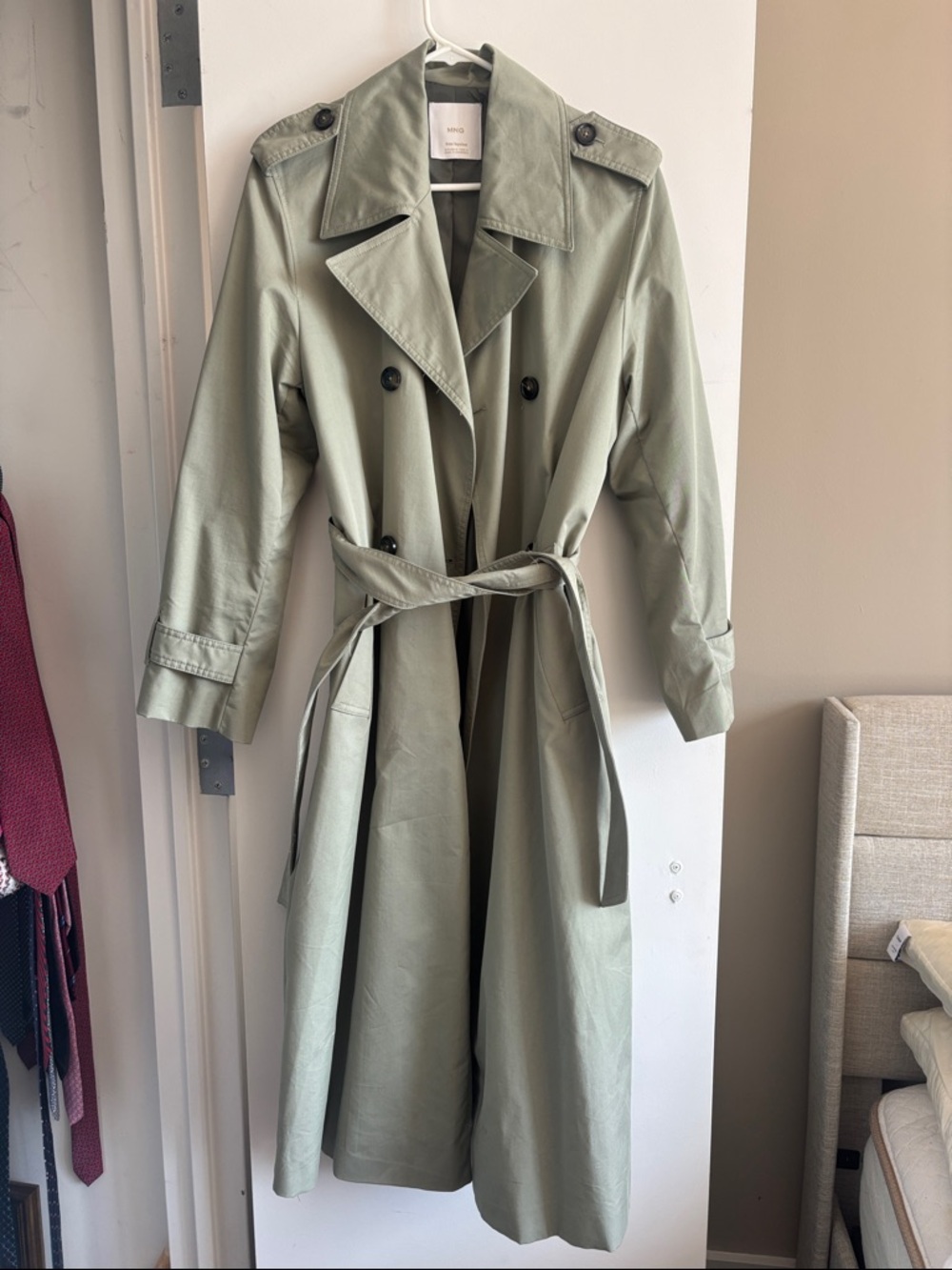 Mango Light Sage Double-Breasted Trench Coat